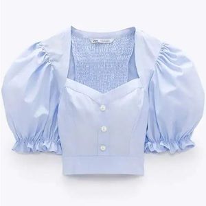 NWT Zara PEARL BUTTON CROP TOP Size XS Blue 7755/485/406